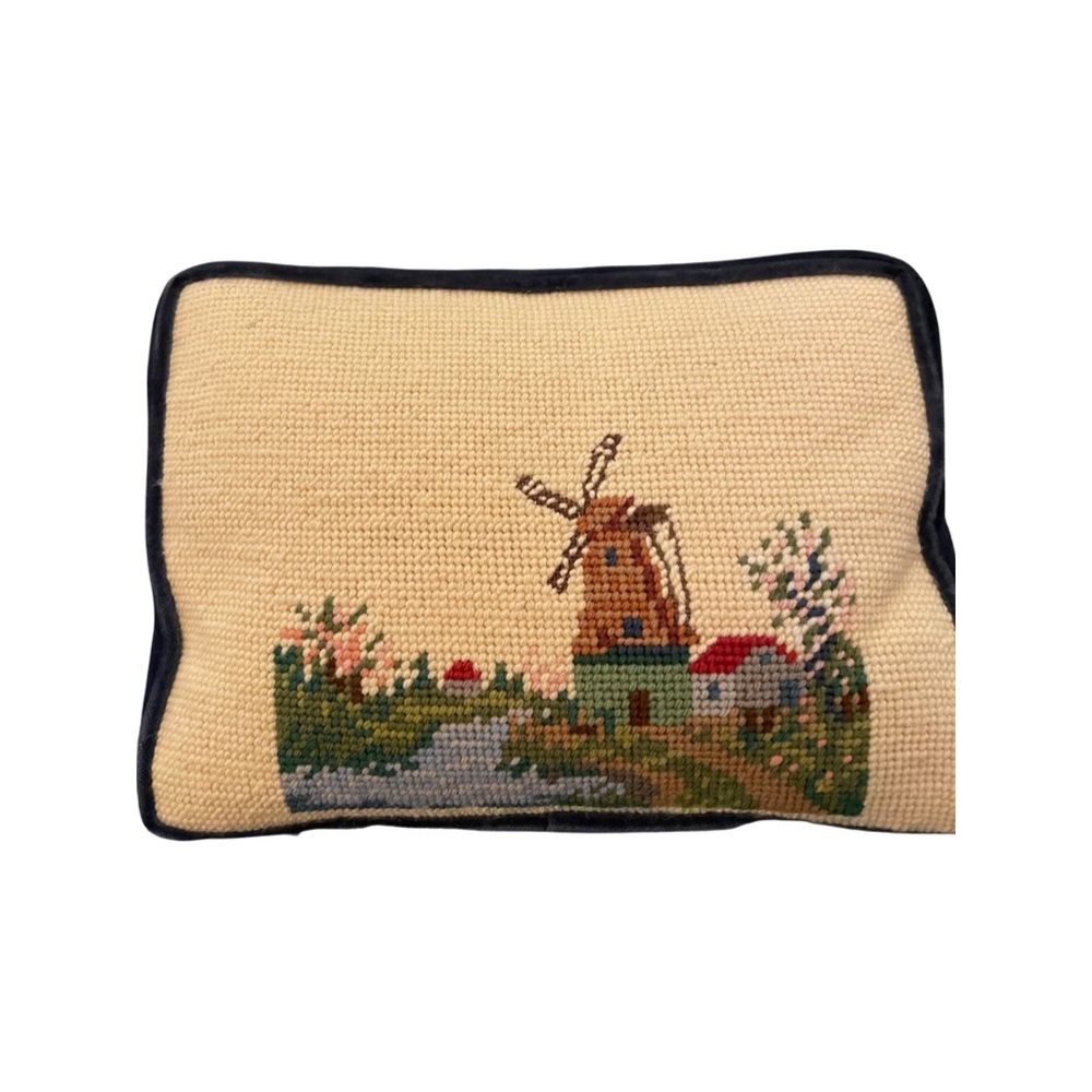 Super cute vintage needlepoint pillow with navy velvet backing great condition